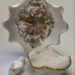 Table Setting (2012)<br>Porcelain, Glaze, Vintage Asian Decals, Gold Luster, Pins  (Photo: E.G. Schempf)