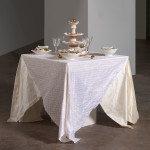 Table Setting (2012)<br>Porcelain, Glaze, Vintage Asian Decals, Gold Luster, Pins  (Photo: E.G. Schempf)