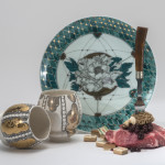 Plate with cups, steak, blueberries, Mahjong game pieces, morel and fork  (2015)  </br>Photograph, 30 x 37.5 inches  (Photo: EG Schempf)