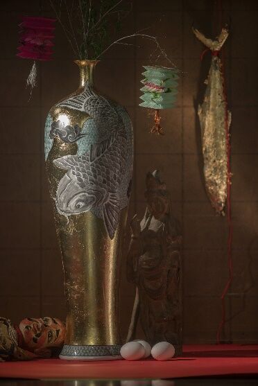 Vase with Lantern, Gold Fish, Puppet, Chinese Doll and Eggs