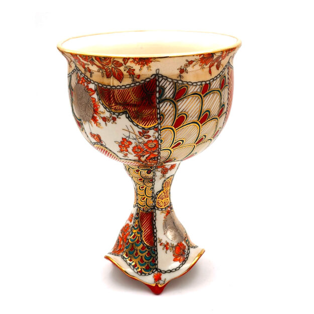 Just A Little Tipsy (#1) | 2024 | h 5.75" x d 4" | Porcelain, Glaze, Overglaze, 24k Gold Luster, Orange Luster, Platinum Transfers, Vintage Flower Decals